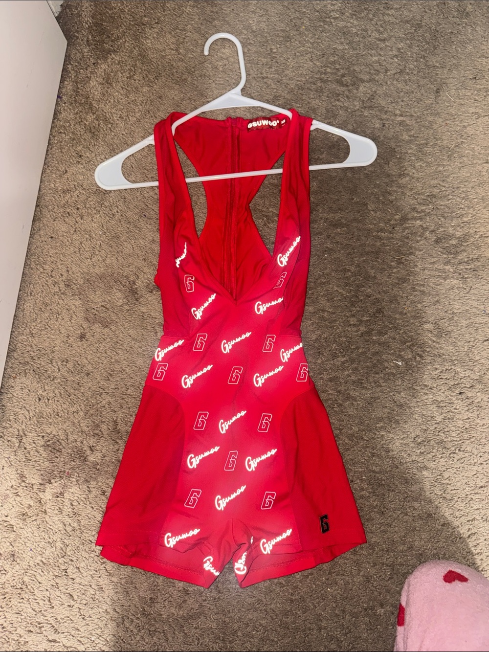 Red Branded Logo Short Romper Jumpsuit